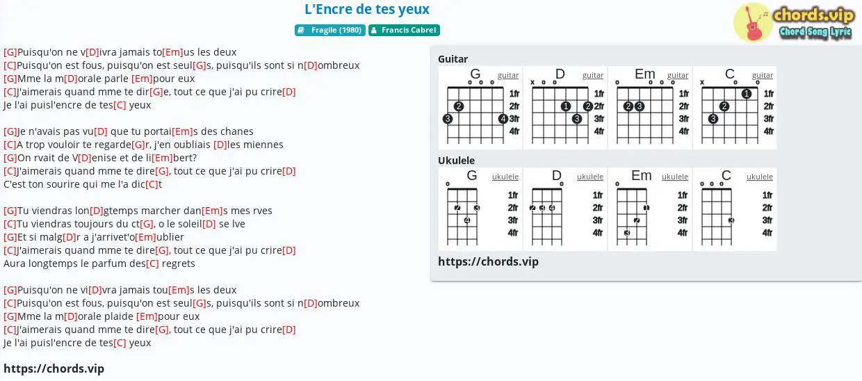 Chord L Encre De Tes Yeux Francis Cabrel Tab Song Lyric Sheet Guitar Ukulele Chords Vip
