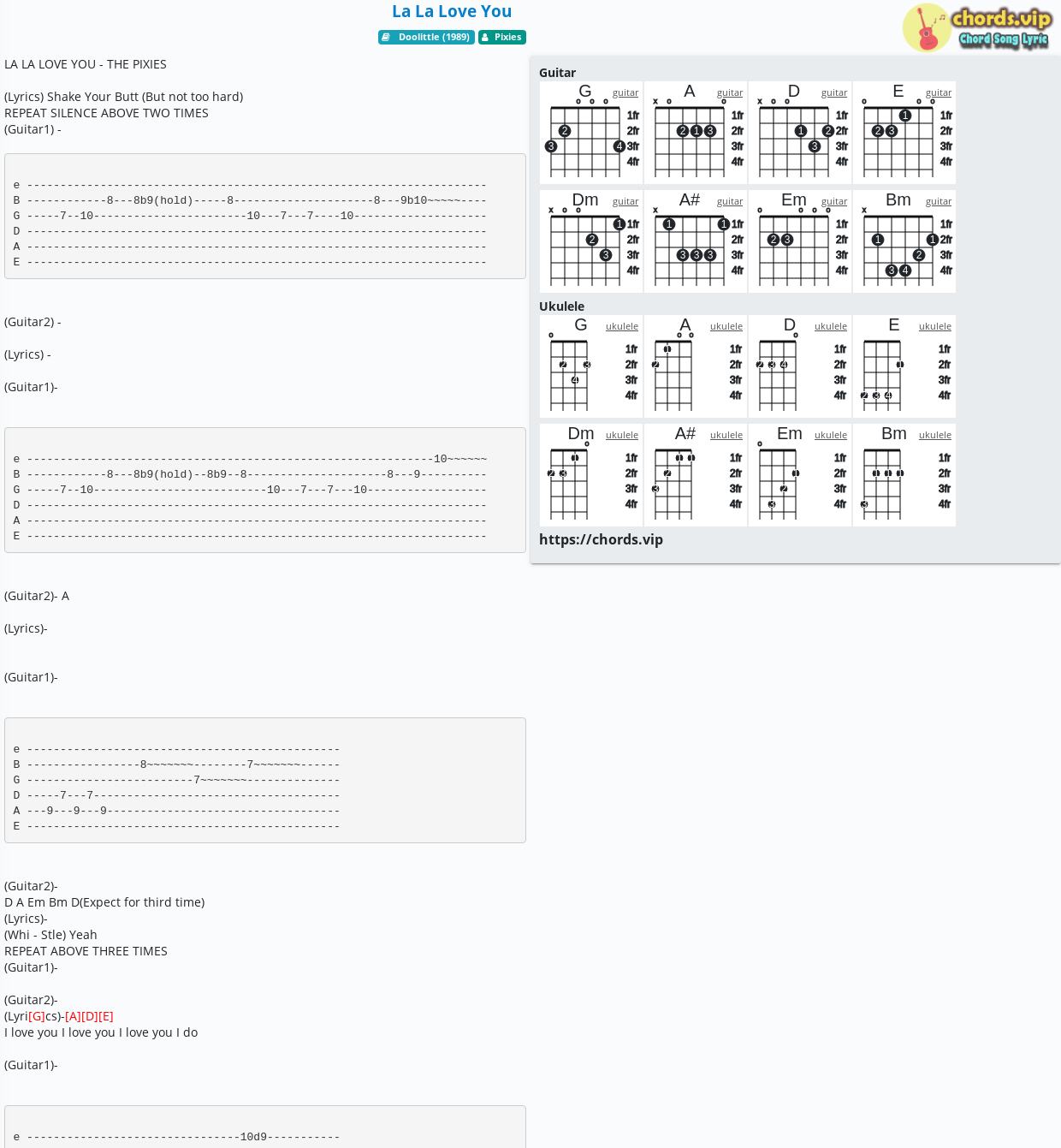 Chord La La Love You Pixies Tab Song Lyric Sheet Guitar Ukulele Chords Vip