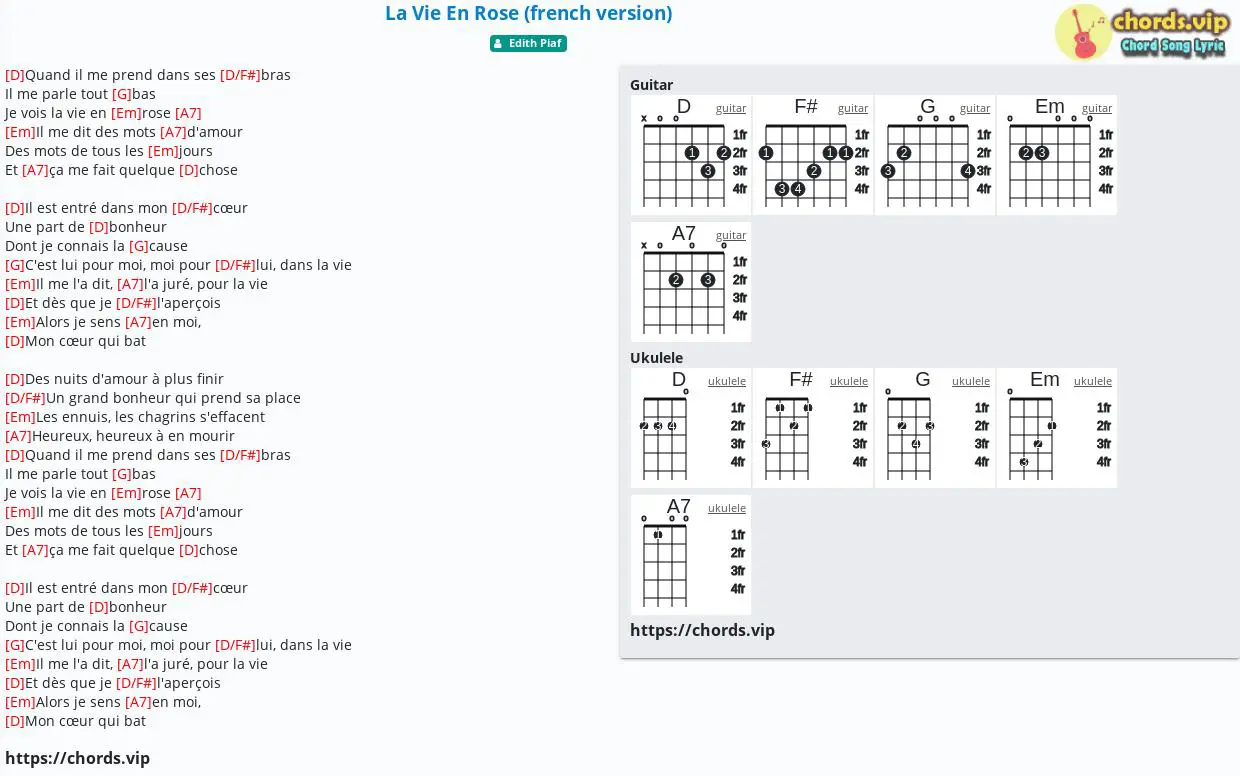 Chord: La En Rose (french version) - Edith Piaf - tab, song lyric, sheet, guitar, ukulele | chords.vip