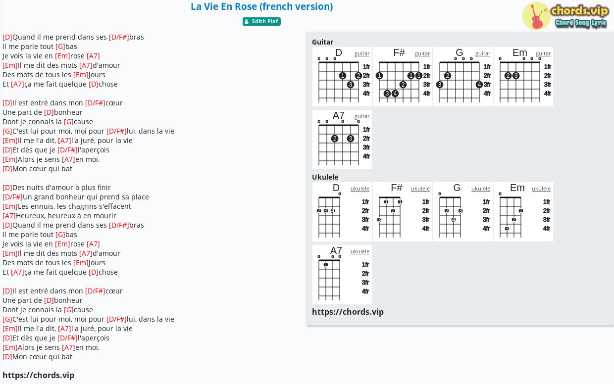 Chord: La Vie En Rose (french version) - Edith Piaf - tab, song lyric, sheet, guitar, | chords.vip