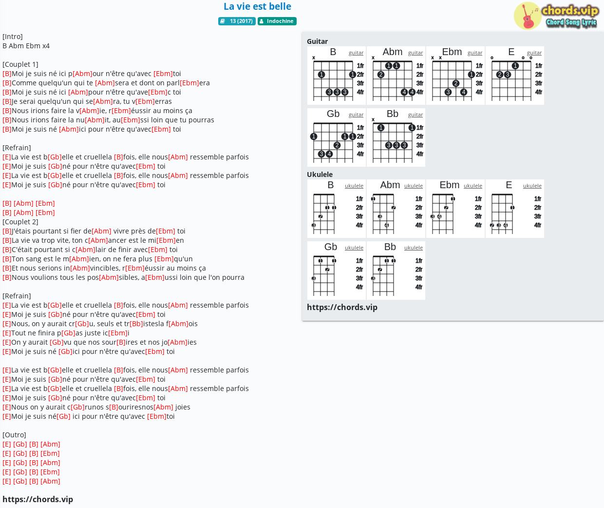 Chord La Vie Est Belle Indochine Tab Song Lyric Sheet Guitar Ukulele Chords Vip