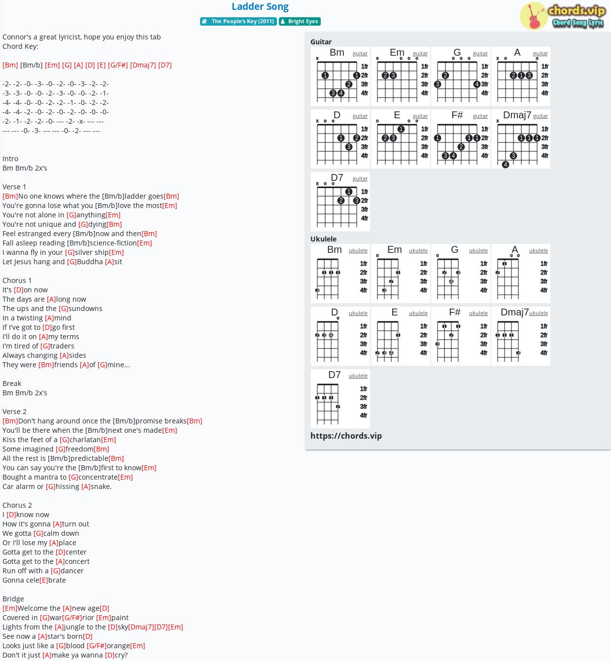 Chord Ladder Song Bright Eyes Tab Song Lyric Sheet Guitar Ukulele Chords Vip