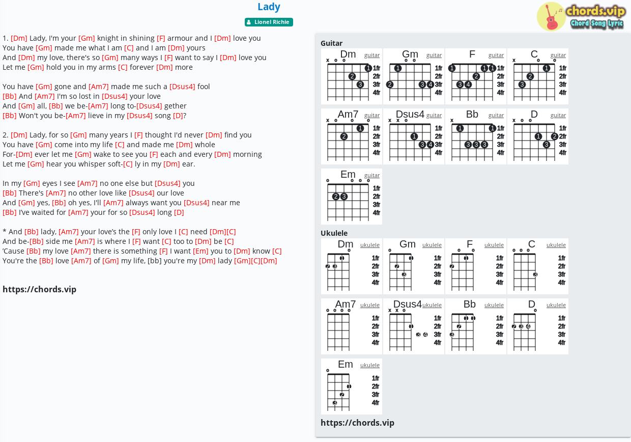 Chord Lady Lionel Richie Tab Song Lyric Sheet Guitar Ukulele Chords Vip