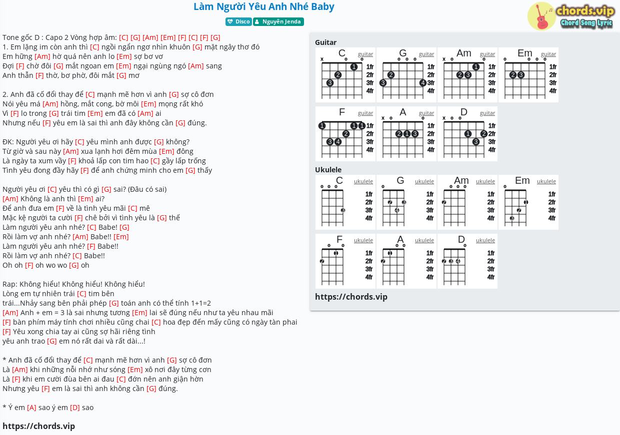 Hợp âm: Làm Người Yêu Anh Nhé Baby - Nguyên Jenda - cảm âm, tab guitar, ukulele - lời bài hát | chords.vip