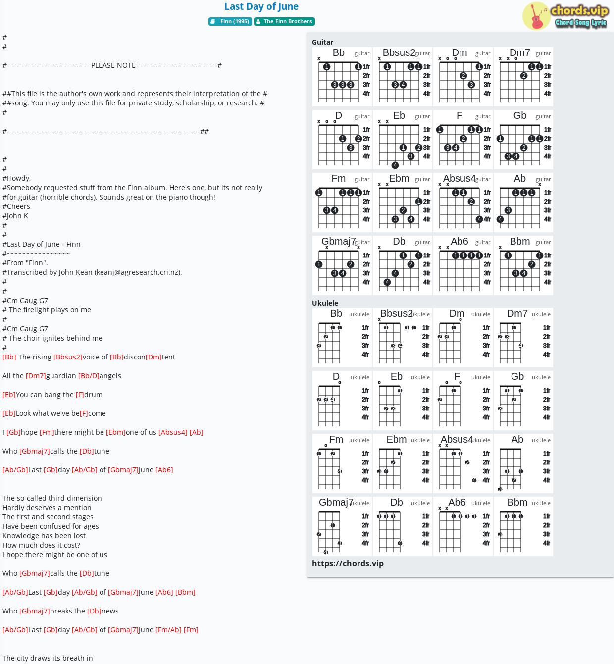 Chord Last Day Of June The Finn Brothers Tab Song Lyric Sheet Guitar Ukulele Chords Vip