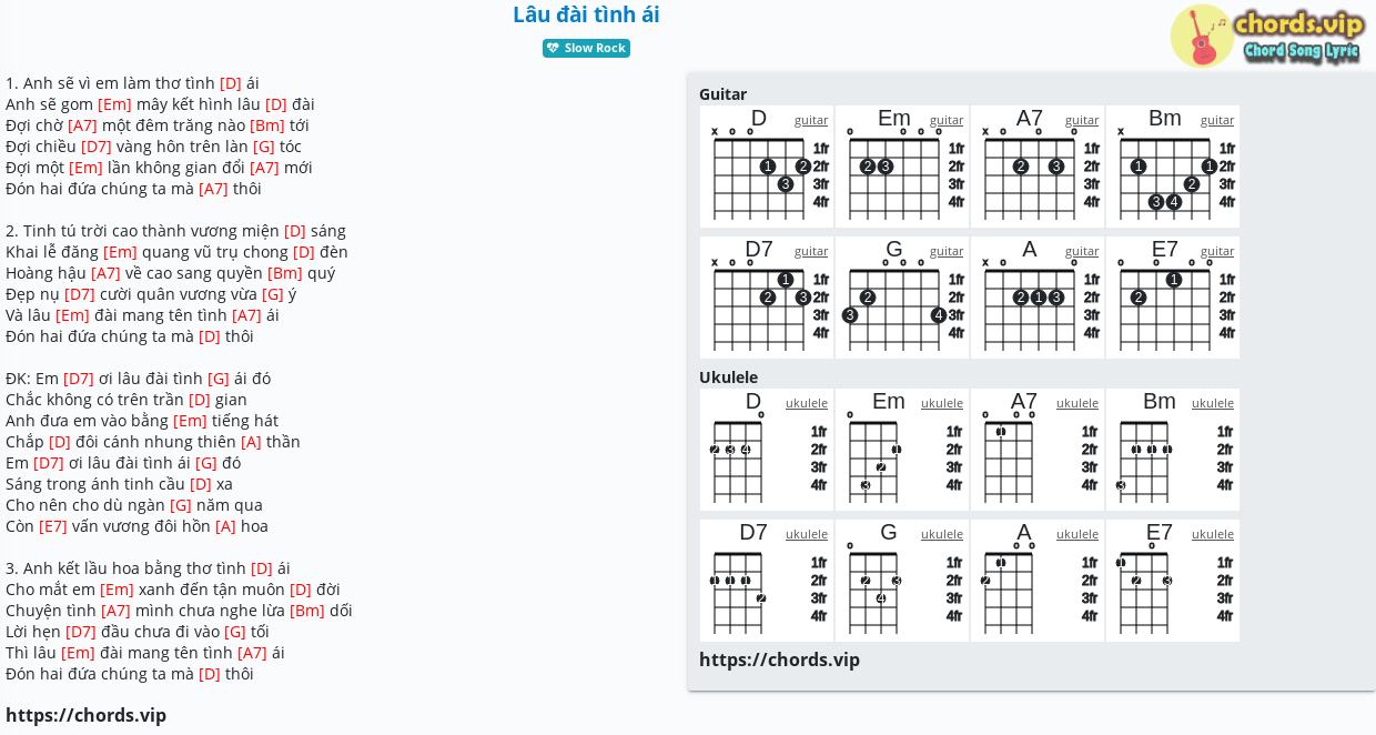 Hợp âm: Lâu đài tình ái - Trần Thiện Thanh,Mai Trung Tĩnh - cảm âm, tab guitar, ukulele - lời bài hát | chords.vip