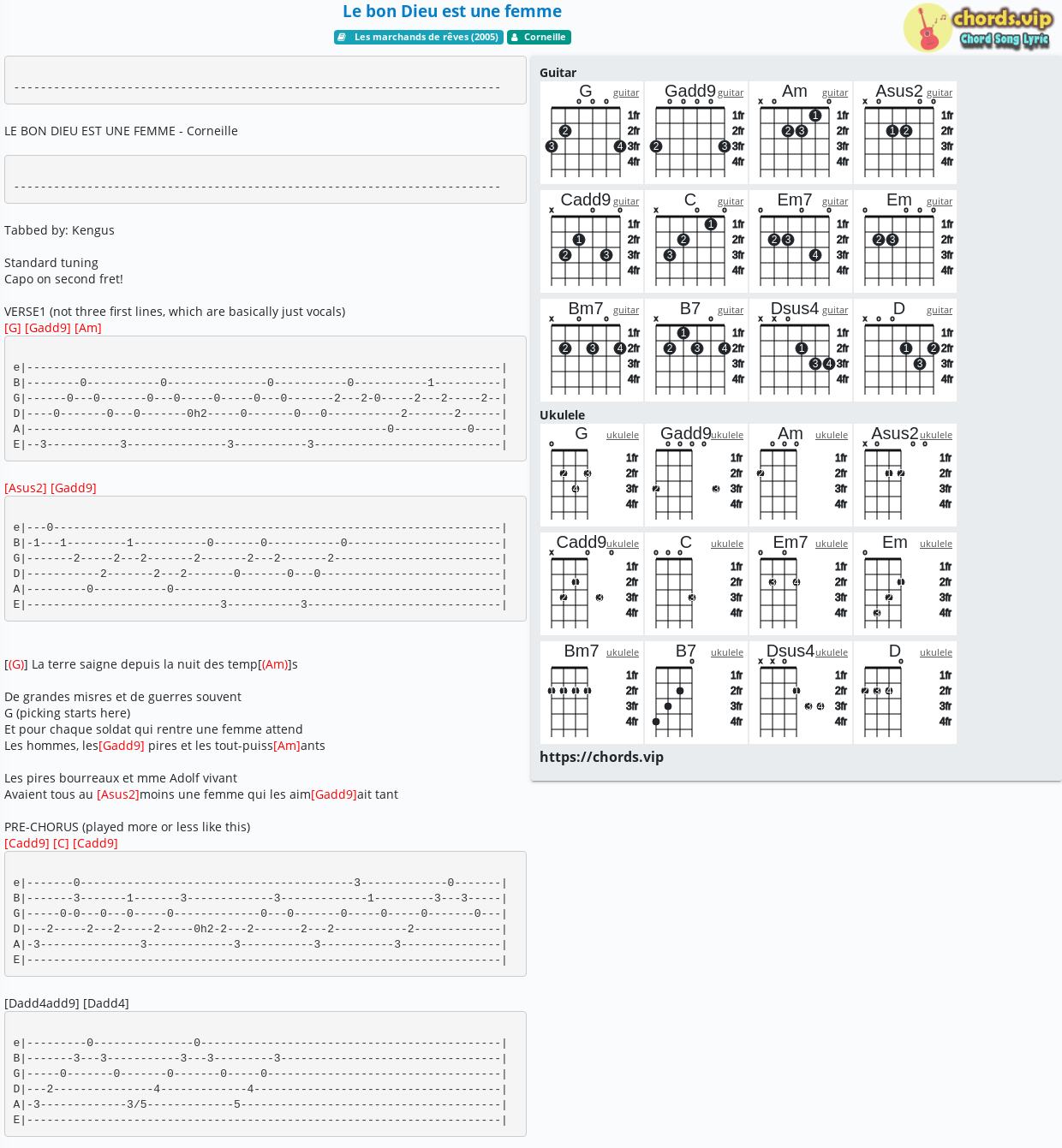 Chord Le Bon Dieu Est Une Femme Corneille Tab Song Lyric Sheet Guitar Ukulele Chords Vip