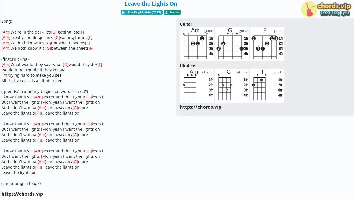 subtraktion ufuldstændig gidsel Chord: Leave the Lights On - Meiko - tab, song lyric, sheet, guitar,  ukulele | chords.vip