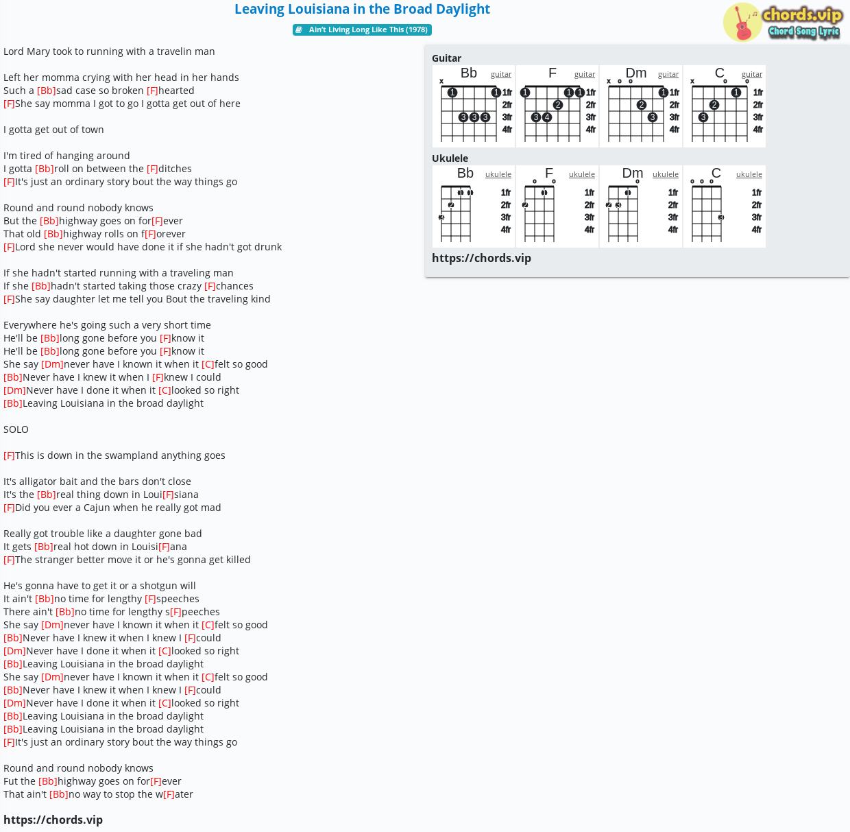 Chord Leaving Louisiana in the Broad Daylight tab, song lyric, sheet