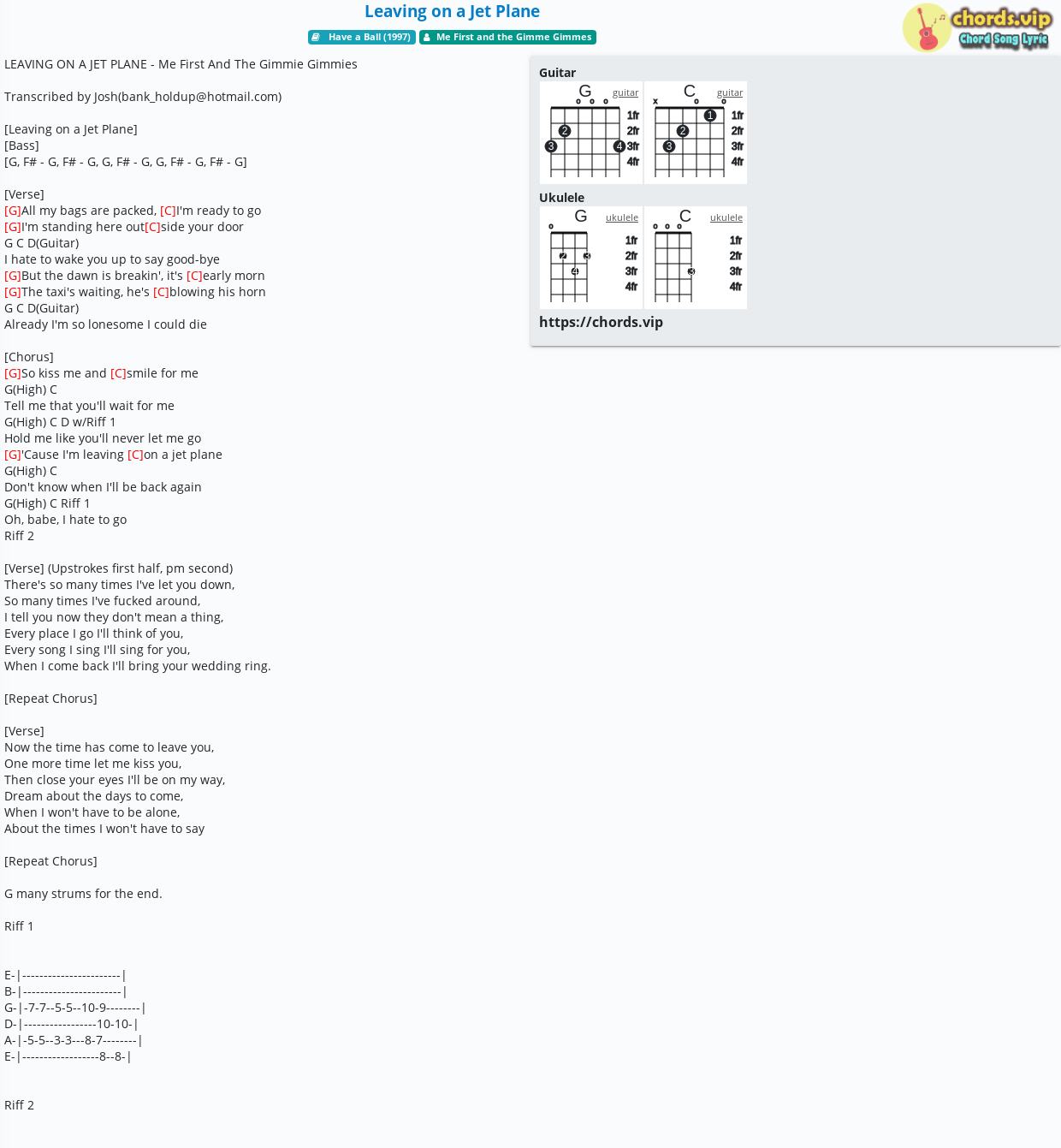 Chord: Leaving on a Jet Plane - Me First and the Gimme Gimmes - tab, song sheet, guitar, ukulele | chords.vip