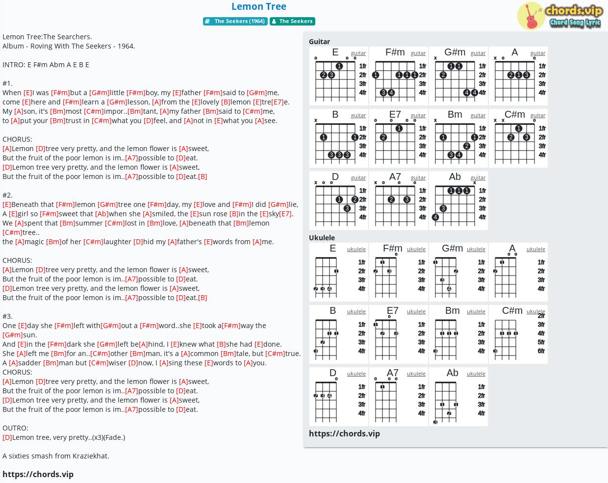 Chord: Lemon Tree - The - tab, song lyric, sheet, guitar, ukulele | chords.vip