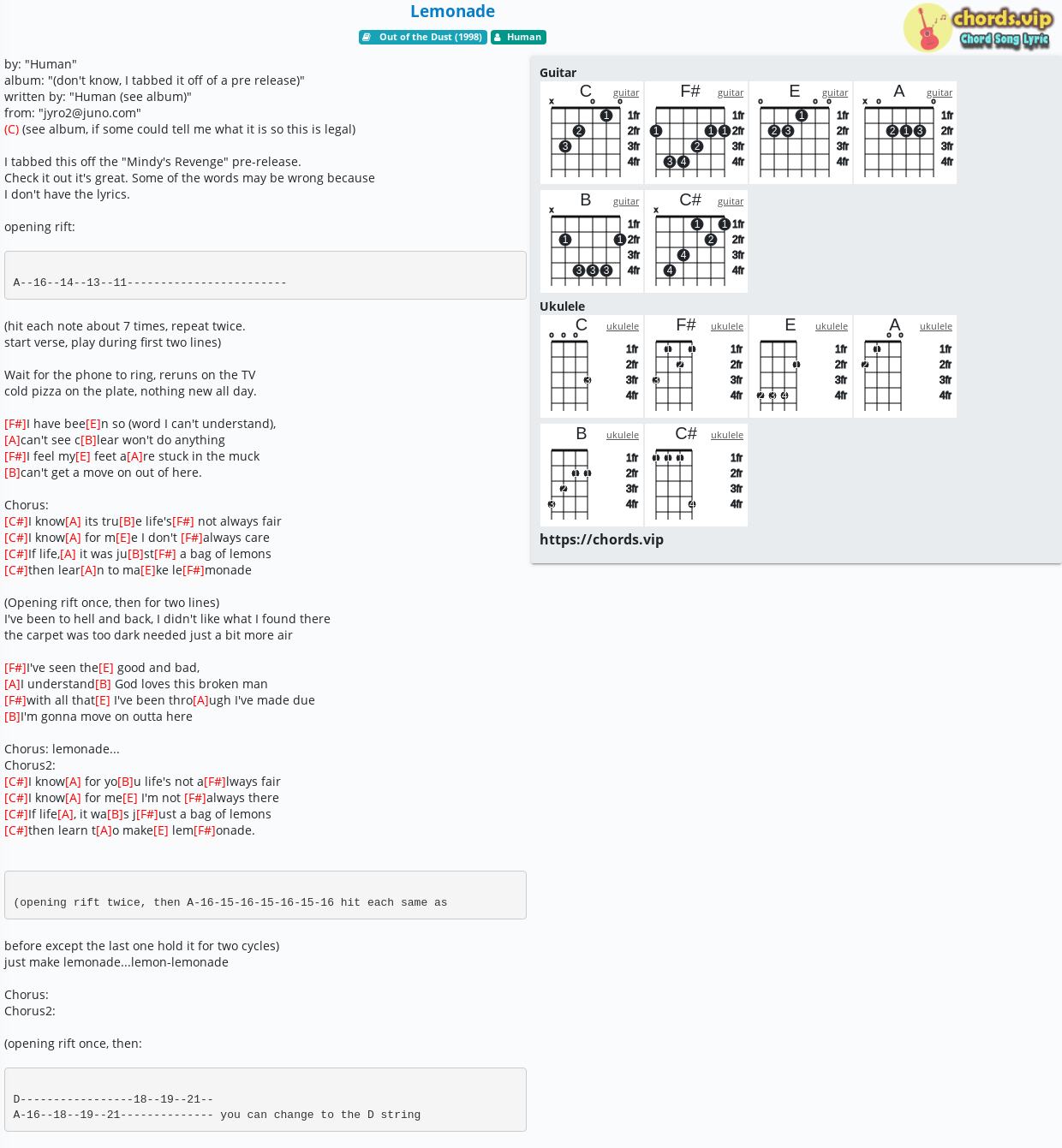 Lemonade - Human - tab, song lyric, guitar, ukulele chords .vip