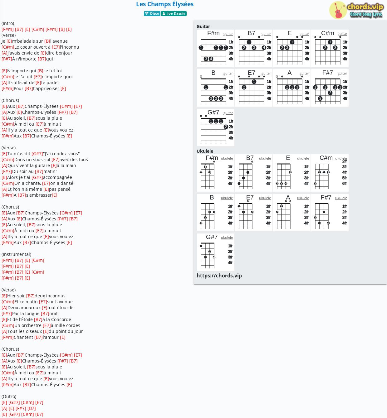 Chord Les Champs Elysees Joe Dassin Tab Song Lyric Sheet Guitar Ukulele Chords Vip