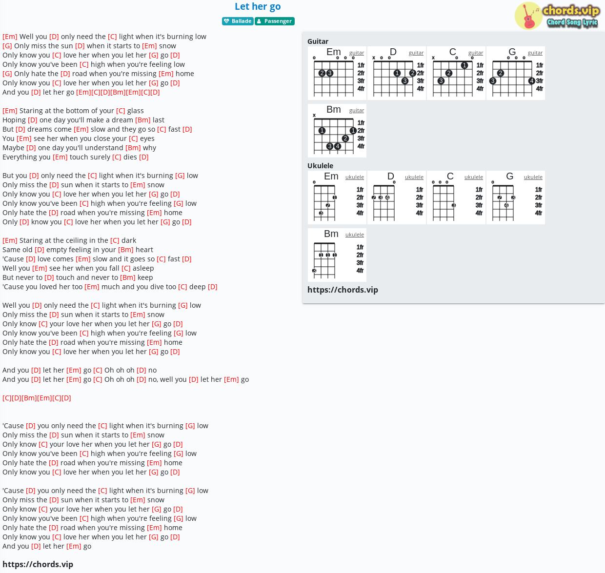 Chord Let her go tab, song lyric, sheet, guitar, ukulele chords.vip