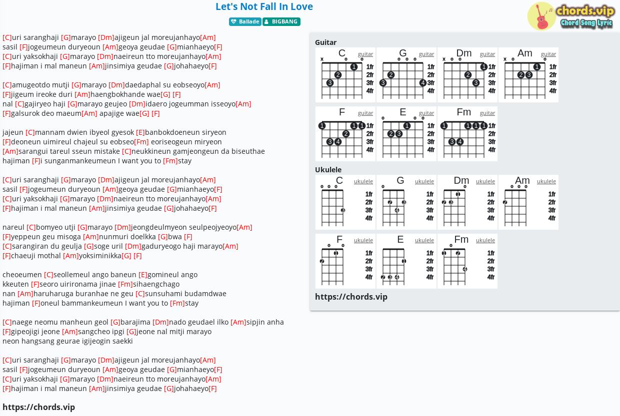 Chord Let S Not Fall In Love Bigbang Tab Song Lyric Sheet Guitar Ukulele Chords Vip