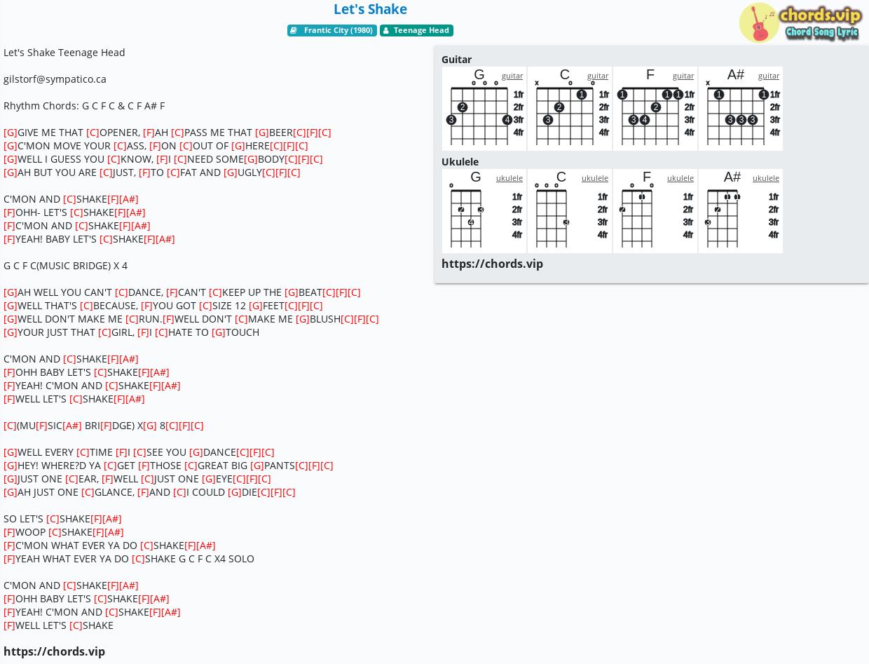 Chord Let S Shake Teenage Head Tab Song Lyric Sheet Guitar Ukulele Chords Vip