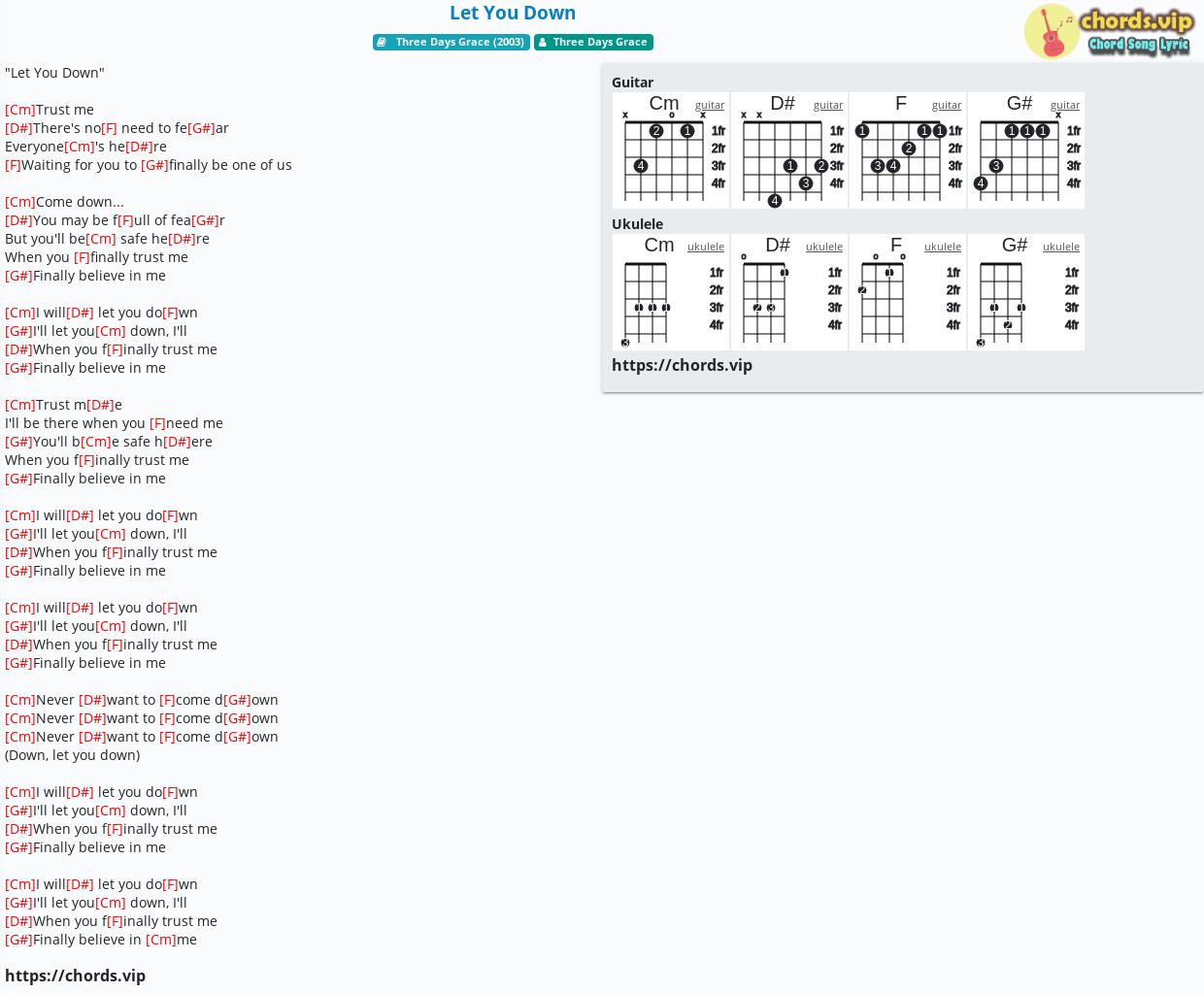 Chord Let You Down Three Days Grace Tab Song Lyric Sheet