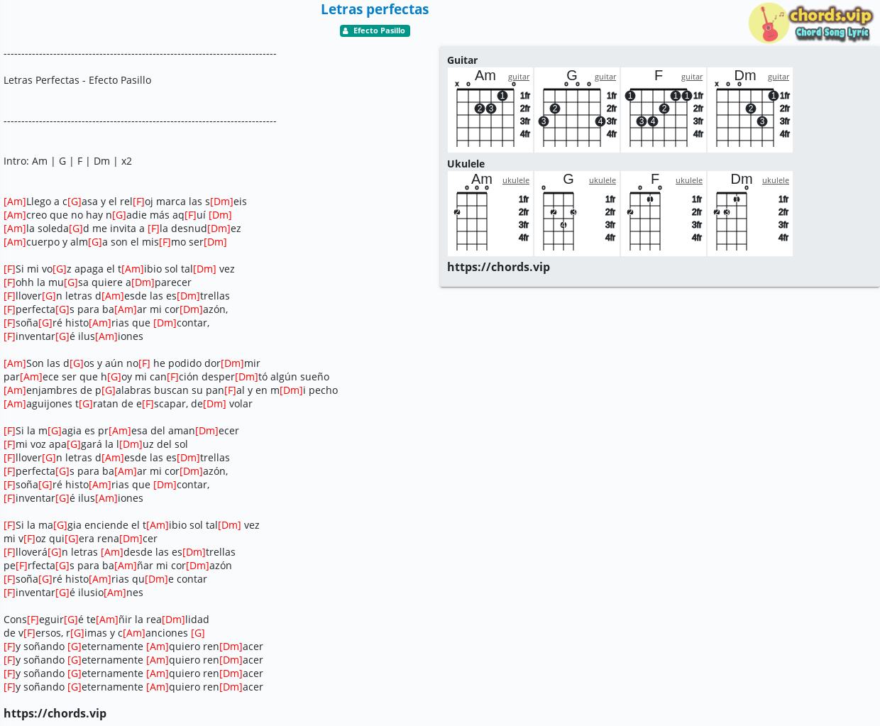 Chord Letras Perfectas Efecto Pasillo Tab Song Lyric Sheet Guitar Ukulele Chords Vip