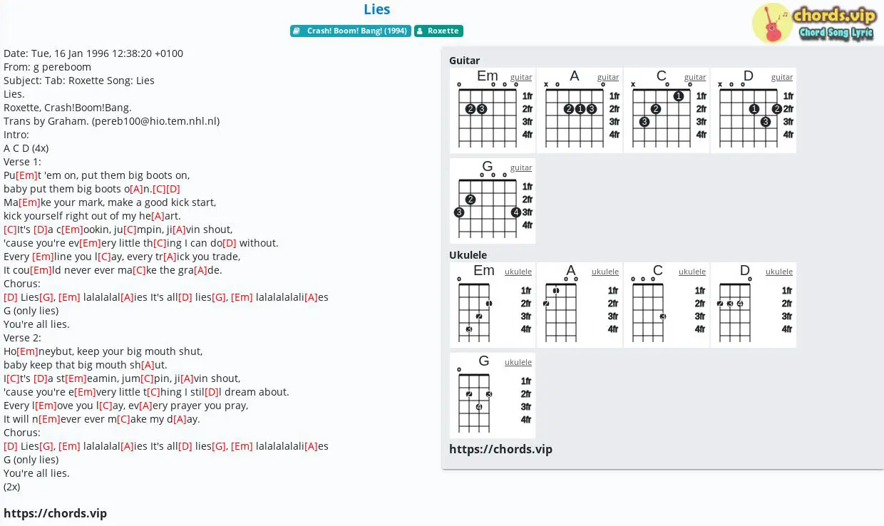 Betjening mulig medley hjælpe Chord: Lies - Roxette - tab, song lyric, sheet, guitar, ukulele | chords.vip