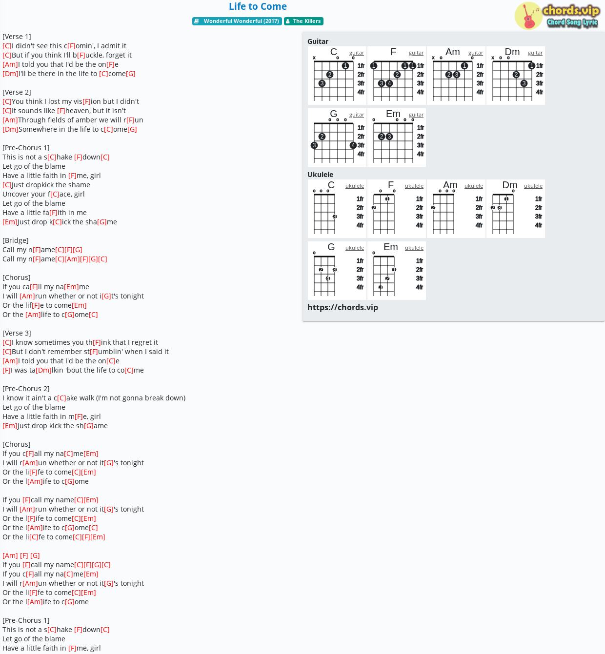 Chord Life To Come The Killers Tab Song Lyric Sheet Guitar Ukulele Chords Vip