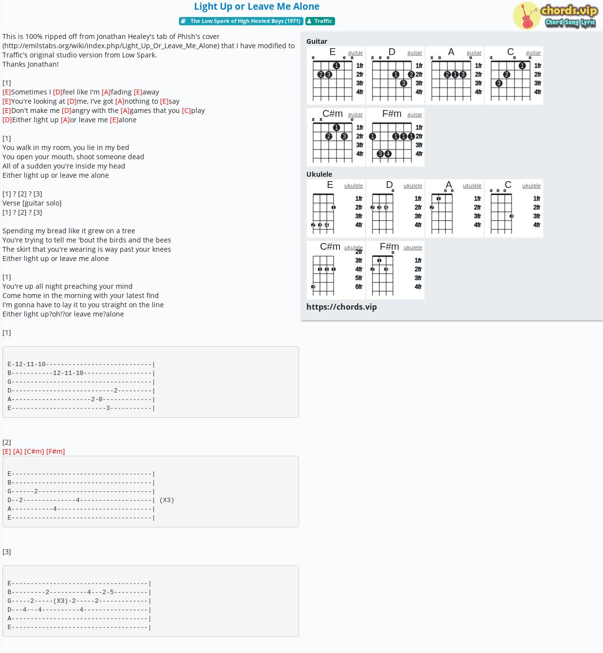 Chord Light Up Or Leave Me Alone Traffic Tab Song Lyric Sheet Guitar Ukulele Chords Vip