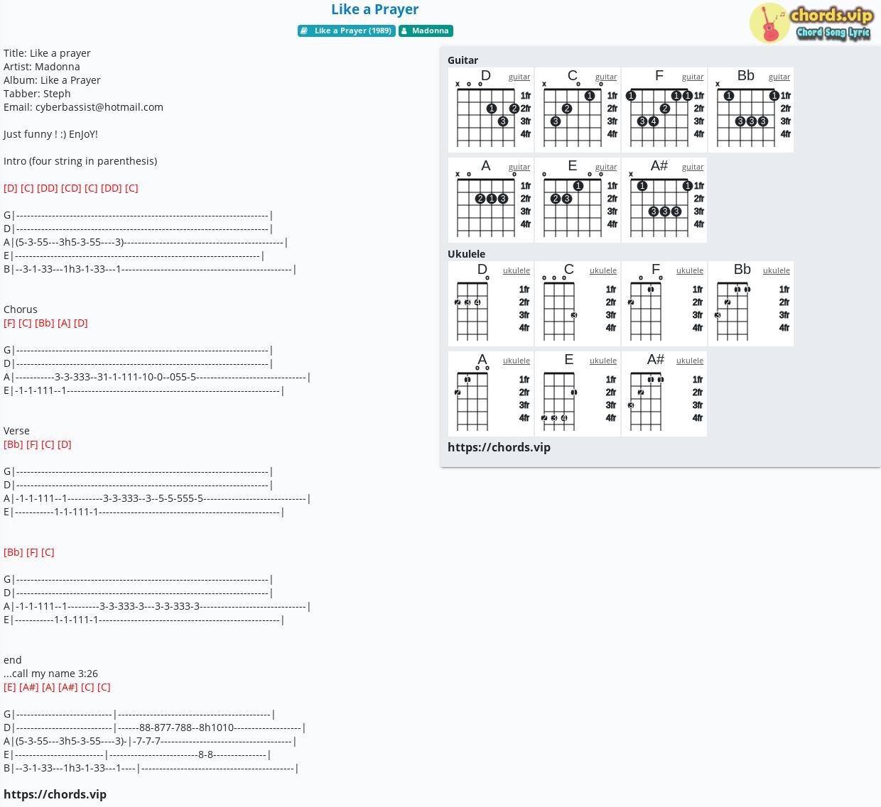 Chord Like A Prayer Madonna Tab Song Lyric Sheet Guitar Ukulele Chords Vip