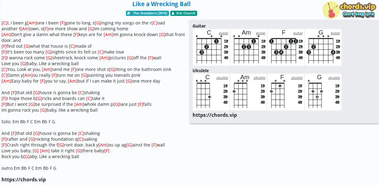 Chord: Like A Wrecking Ball - Eric Church - Tab, Song Lyric, Sheet, Guitar, Ukulele | Chords.vip