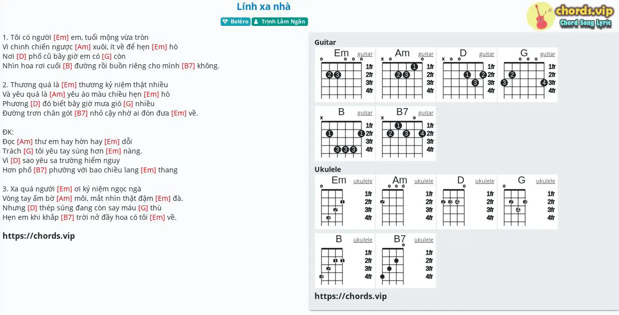 Hợp âm: Lính xa nhà - Trịnh Lâm Ngân - cảm âm, tab guitar, ukulele - lời bài hát | chords.vip