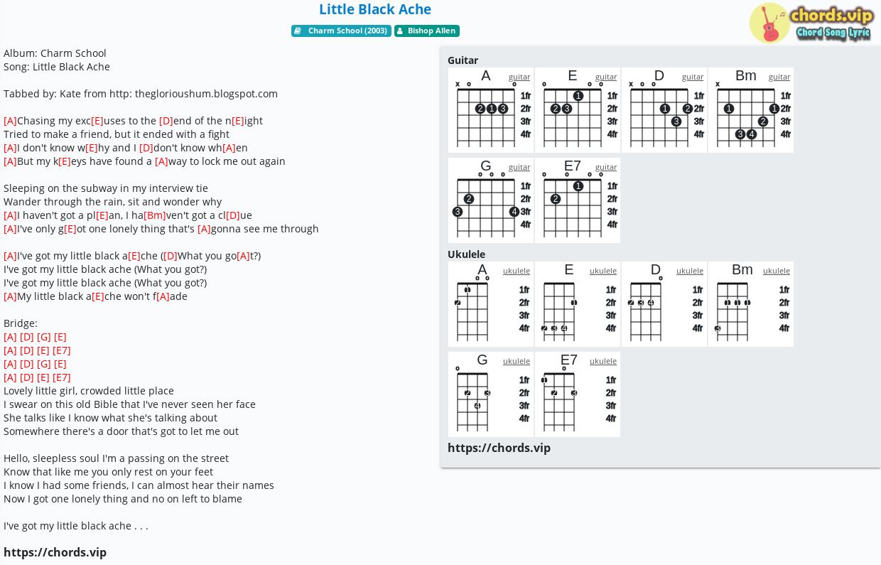 Chord Little Black Ache Bishop Allen Tab Song Lyric Sheet Guitar Ukulele Chords Vip