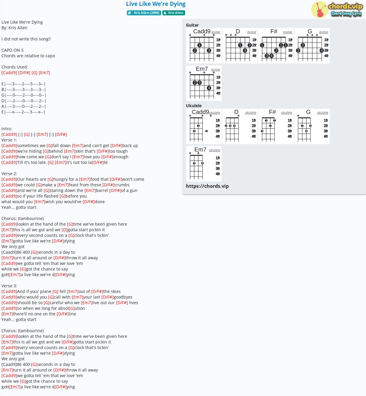 Chord Live Like We Re Dying Kris Allen Tab Song Lyric Sheet Guitar Ukulele Chords Vip