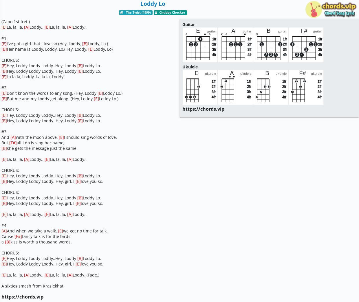 Chord Loddy Lo Chubby Checker Tab Song Lyric Sheet Guitar Ukulele Chords Vip