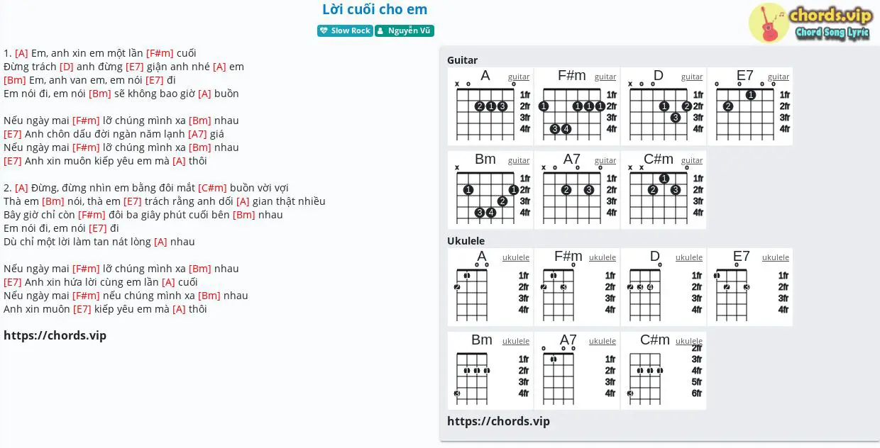 Hợp âm: Lời cuối cho em - Nguyễn Vũ - cảm âm, tab guitar, ukulele - lời bài hát | chords.vip