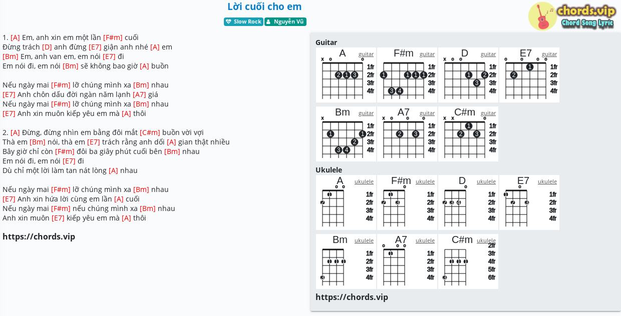 Hợp âm: Lời cuối cho em - Nguyễn Vũ - cảm âm, tab guitar, ukulele - lời bài hát | chords.vip