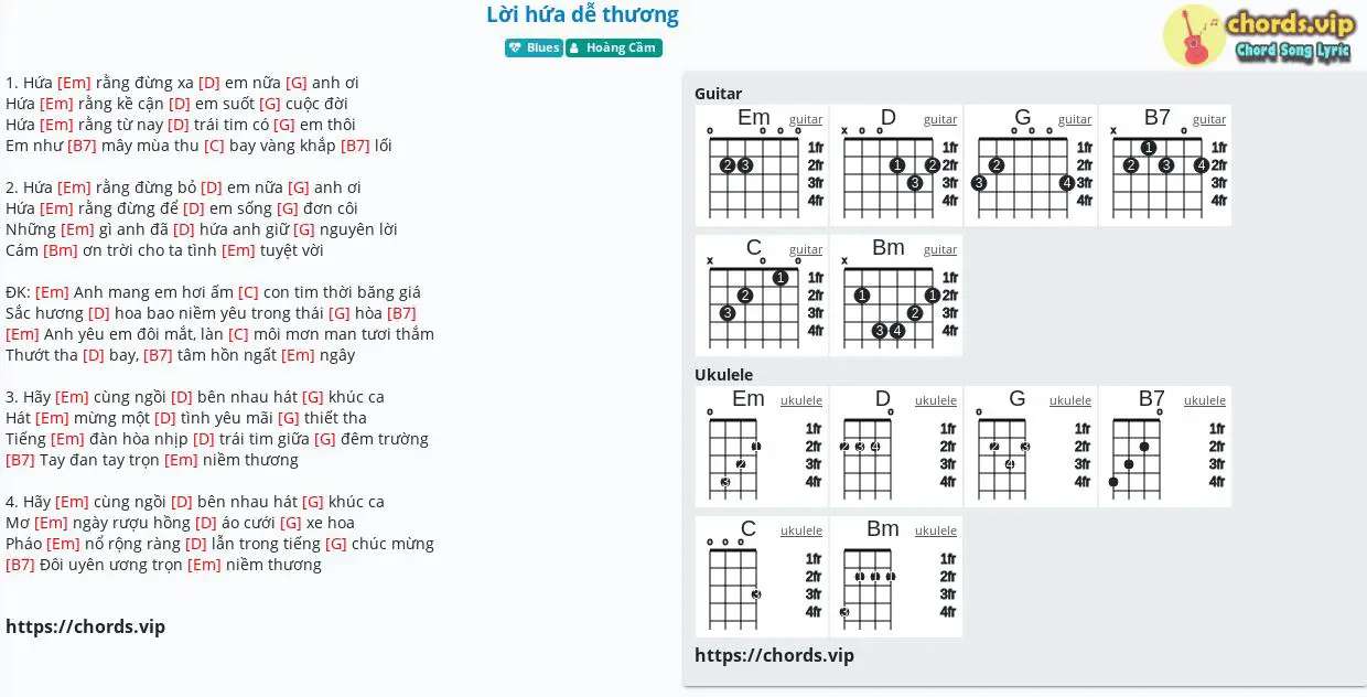 Hợp âm: Lời hứa dễ thương - Hoàng Cầm - cảm âm, tab guitar, ukulele - lời  bài hát 