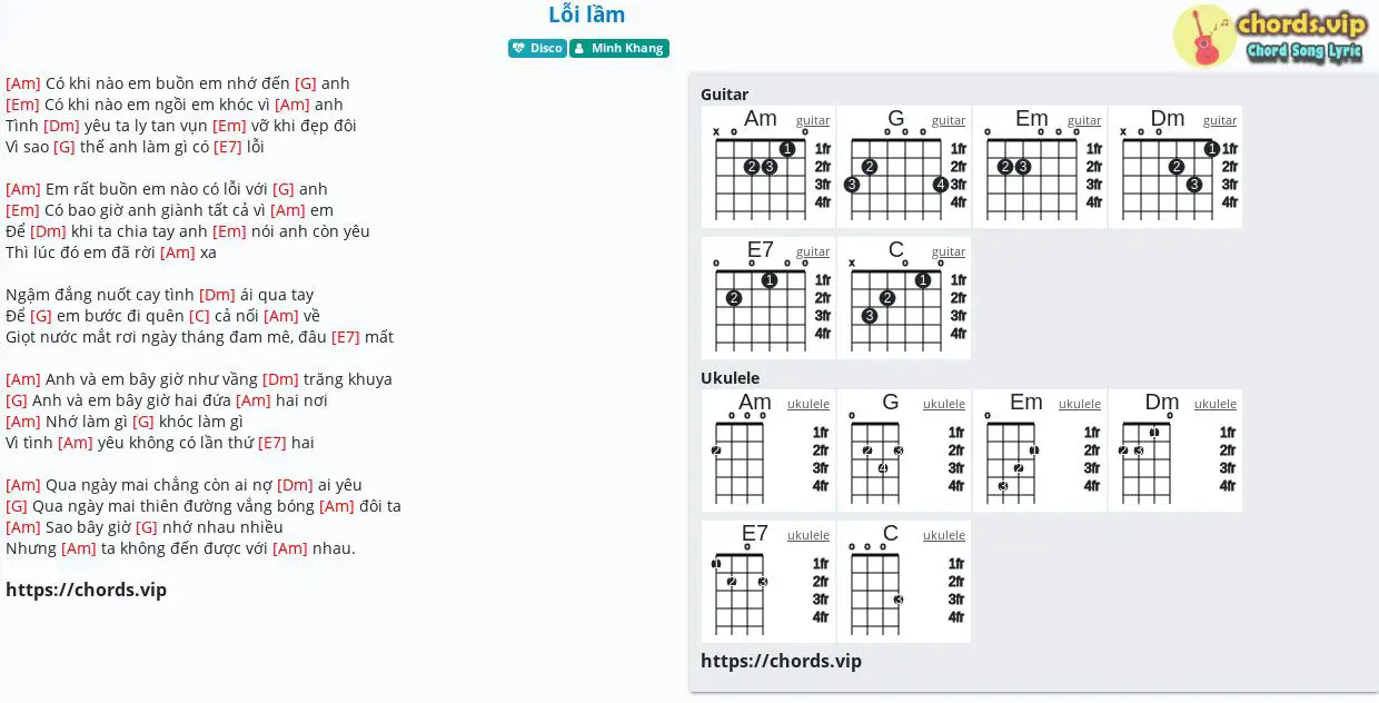 Hợp âm: Lỗi lầm - Minh Khang - cảm âm, tab guitar, ukulele - lời bài hát | chords.vip