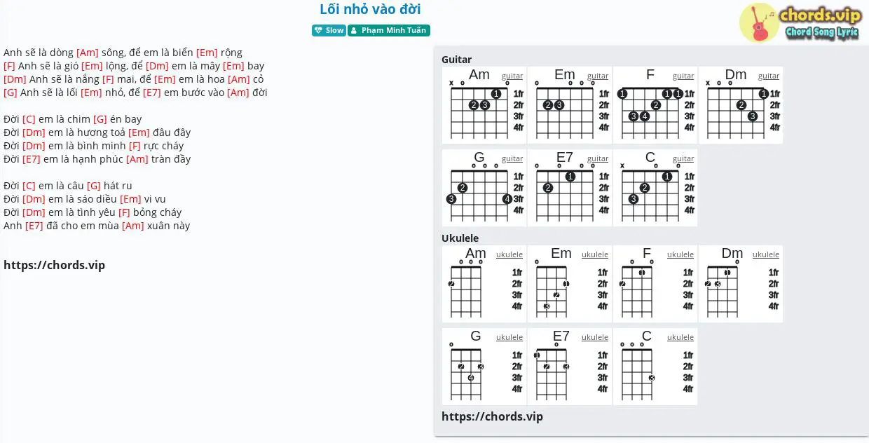 Hợp âm: Lối nhỏ vào đời - Phạm Minh Tuấn - cảm âm, tab guitar, ukulele - lời bài hát | chords.vip