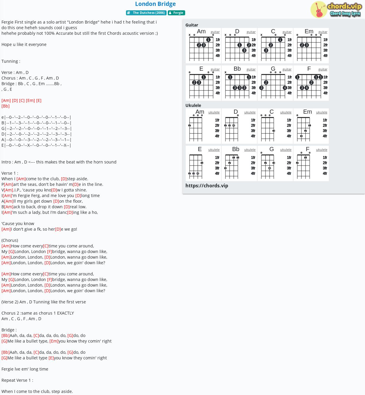 Begrænsning Rejsende købmand maternal Chord: London Bridge - Fergie - tab, song lyric, sheet, guitar, ukulele |  chords.vip