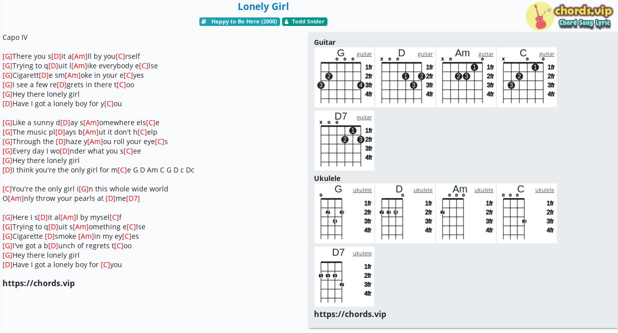 Rettelse Vuggeviser halvt Chord: Lonely Girl - Todd Snider - tab, song lyric, sheet, guitar, ukulele  | chords.vip