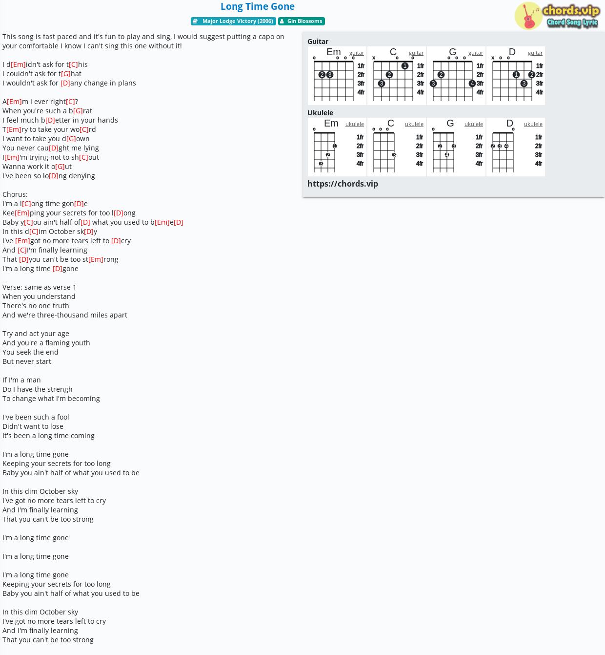 Chord Long Time Gone Gin Blossoms tab, song lyric, sheet, guitar