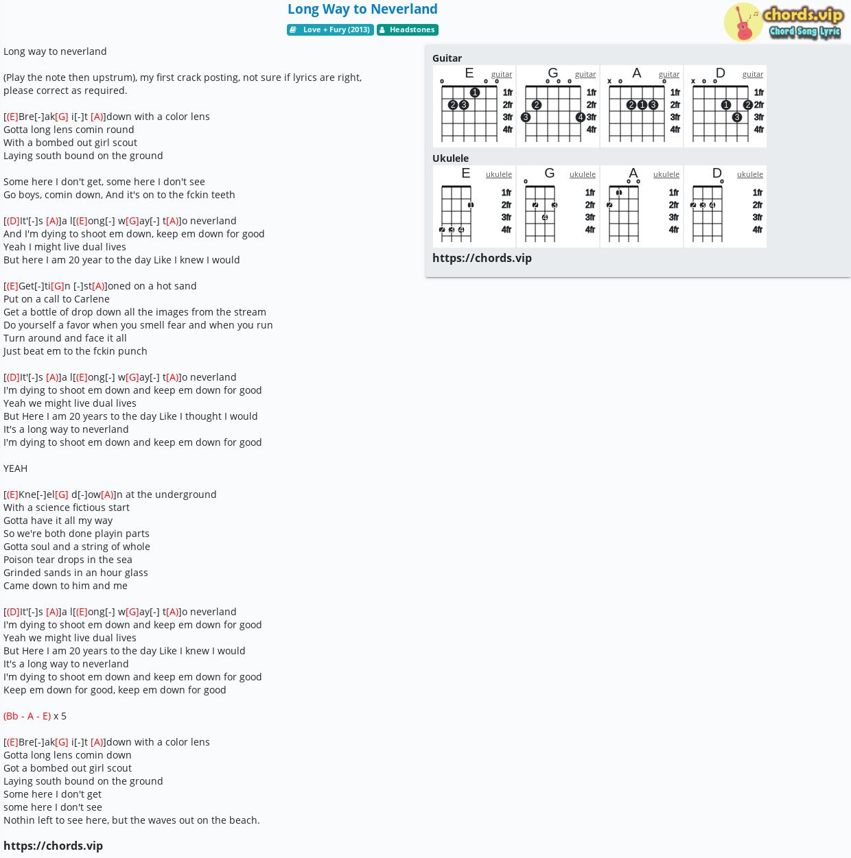 Chord: to Neverland - Headstones - tab, song lyric, sheet, ukulele | chords.vip