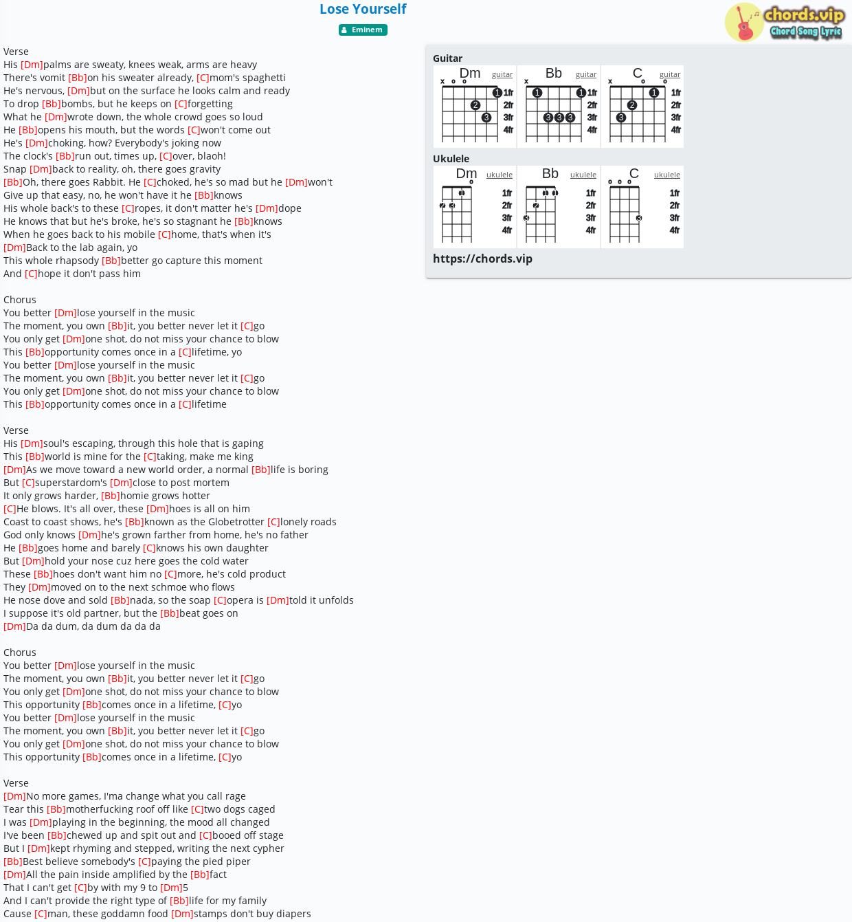 Chord Lose Yourself tab, song lyric, sheet, guitar, ukulele chords.vip
