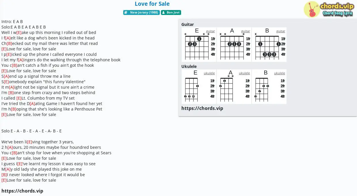 Chord Love For Sale Bon Jovi Tab Song Lyric Sheet Guitar Ukulele Chords Vip