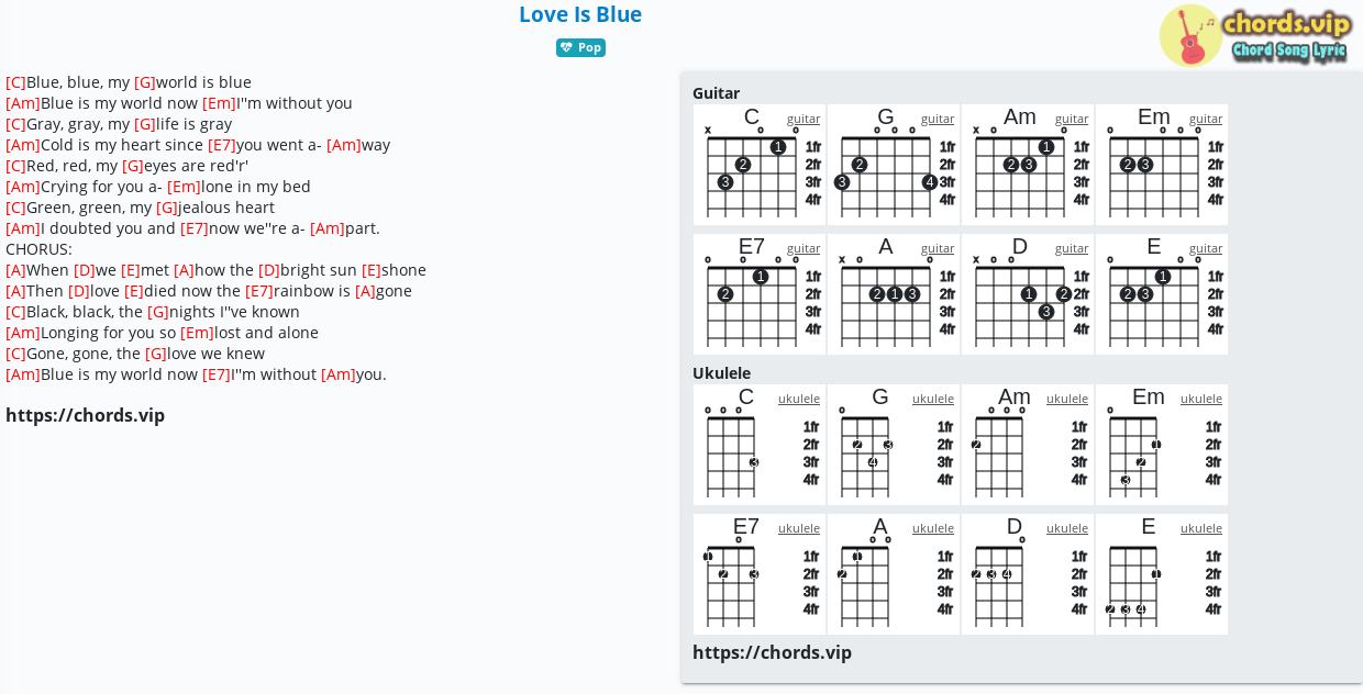 Chord: Love Is Blue - tab, song lyric, sheet, guitar, ukulele | chords.vip
