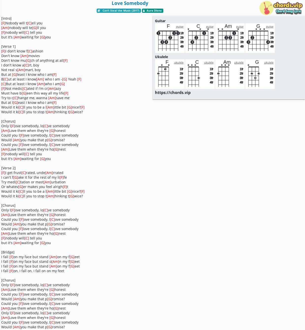 Chord Love Somebody Aura Dione Tab Song Lyric Sheet Guitar Ukulele Chords Vip