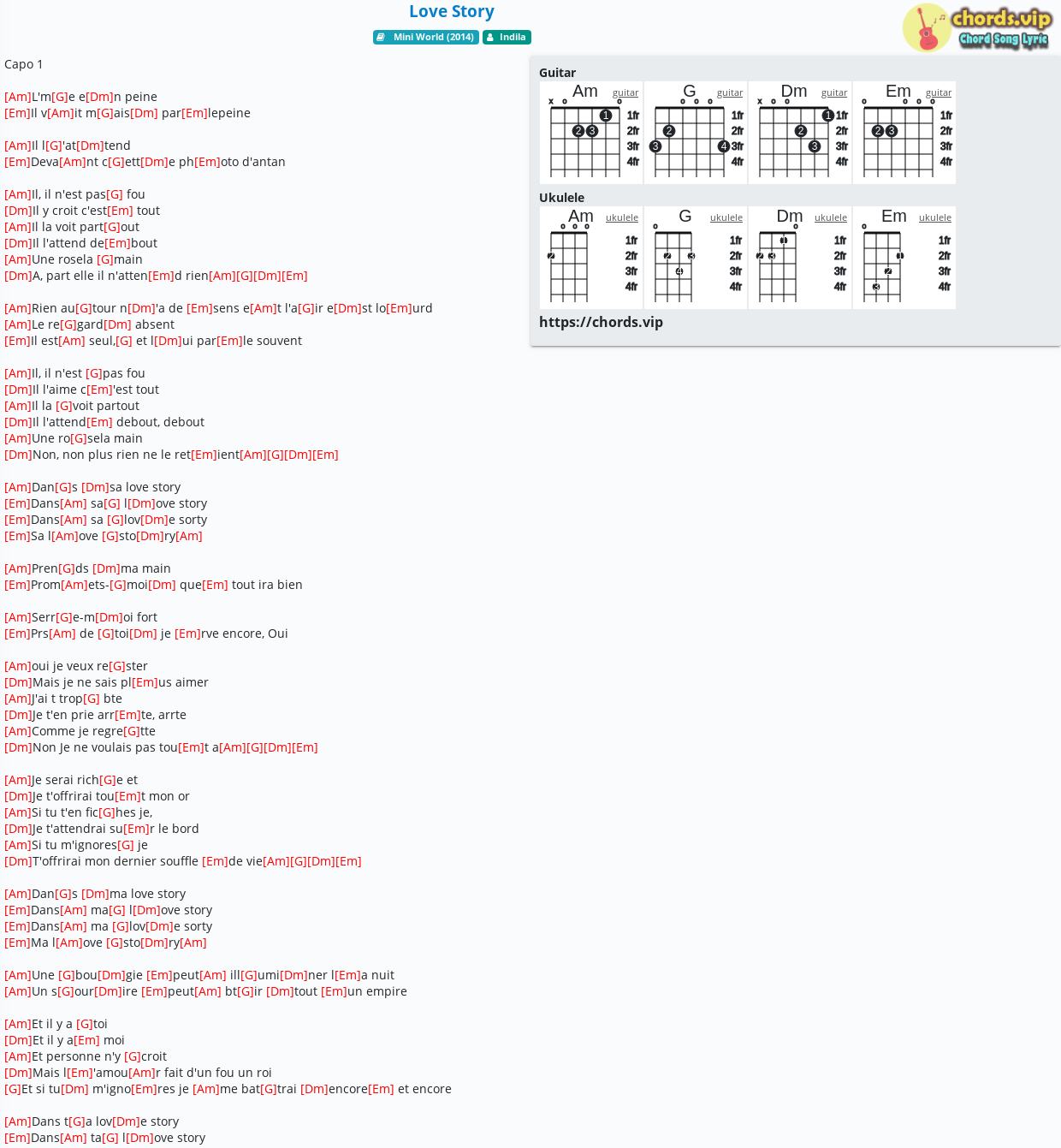 Chord Love Story Indila Tab Song Lyric Sheet Guitar Ukulele Chords Vip