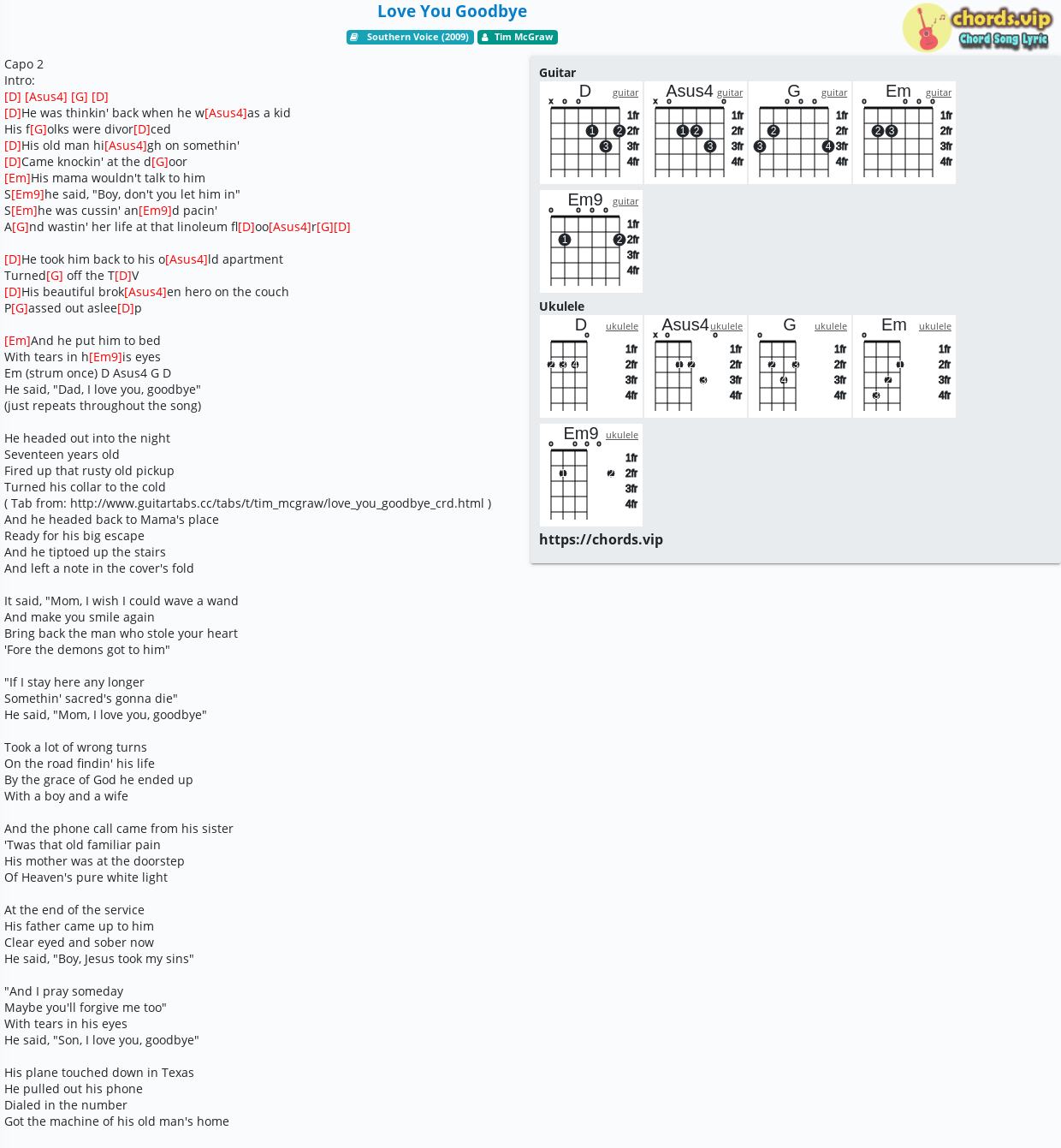 Chord Love You Goodbye Tim Mcgraw Tab Song Lyric Sheet Guitar Ukulele Chords Vip