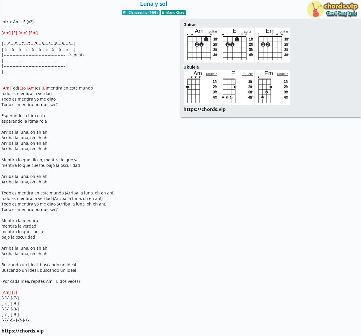 Chord Luna Y Sol Manu Chao Tab Song Lyric Sheet Guitar Ukulele Chords Vip