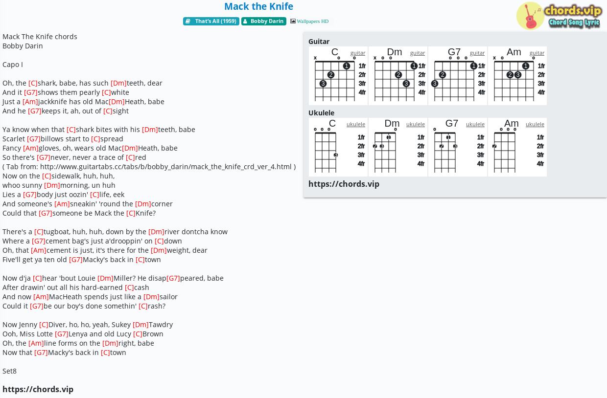 Chord Mack the Knife tab, song lyric, sheet, guitar, ukulele chords.vip