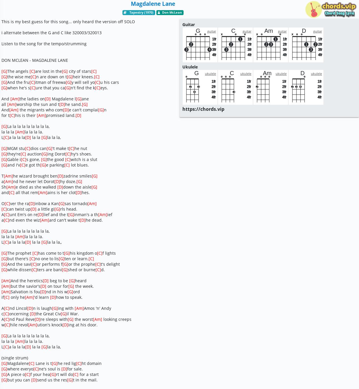 Chord Magdalene Lane Don Mclean Tab Song Lyric Sheet Guitar Ukulele Chords Vip