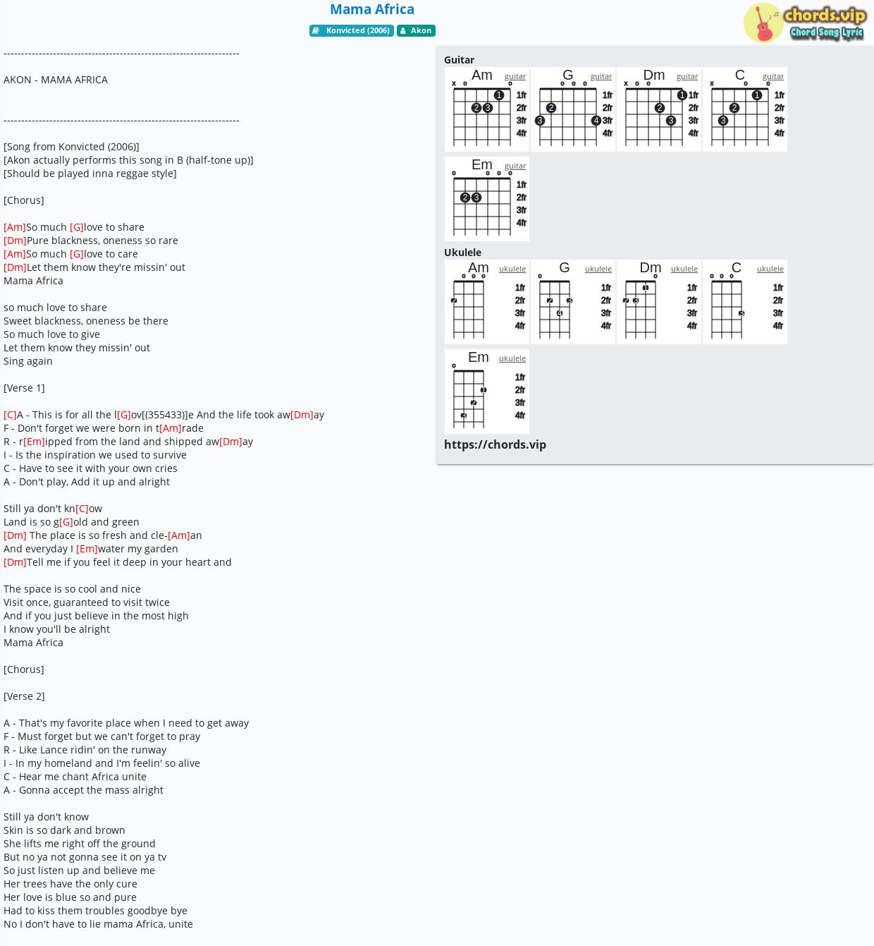Chord Mama Africa Akon Tab Song Lyric Sheet Guitar Ukulele Chords Vip